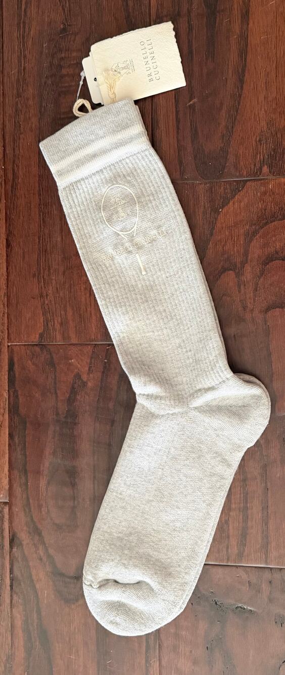 $490 NWT Brunello Cucinelli Gray White Cotton Blend Striped Logo Crew Socks S